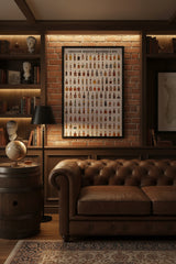 A poster featuring a variety of American whiskey bottles, categorized under American Whiskey, Bourbon & Rye.
